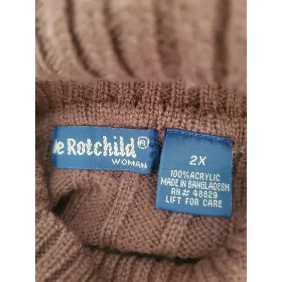 De Rotchild Woman Brown Cable Knit Cowl Neck Kimono Sleeve Pullover Sweater 2X - Picture 4 of 4